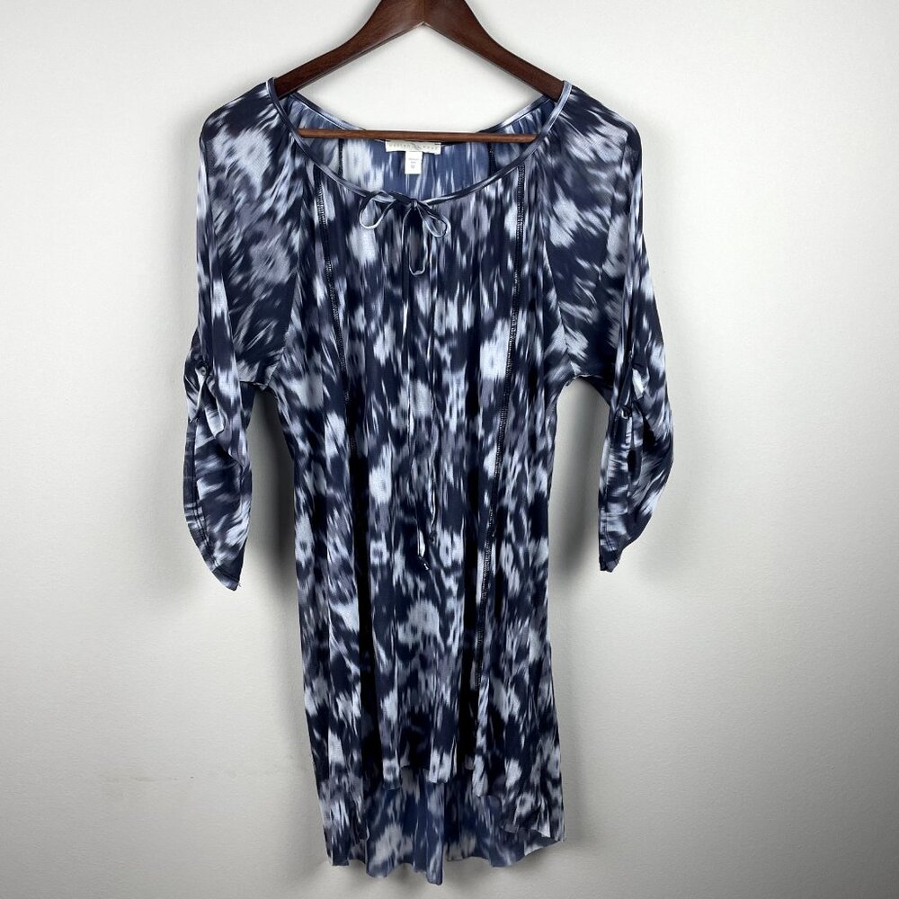 WESTON WEAR Tunic Top Womens Medium Navy Gray White Ikat Stretch Nylon Sheer M